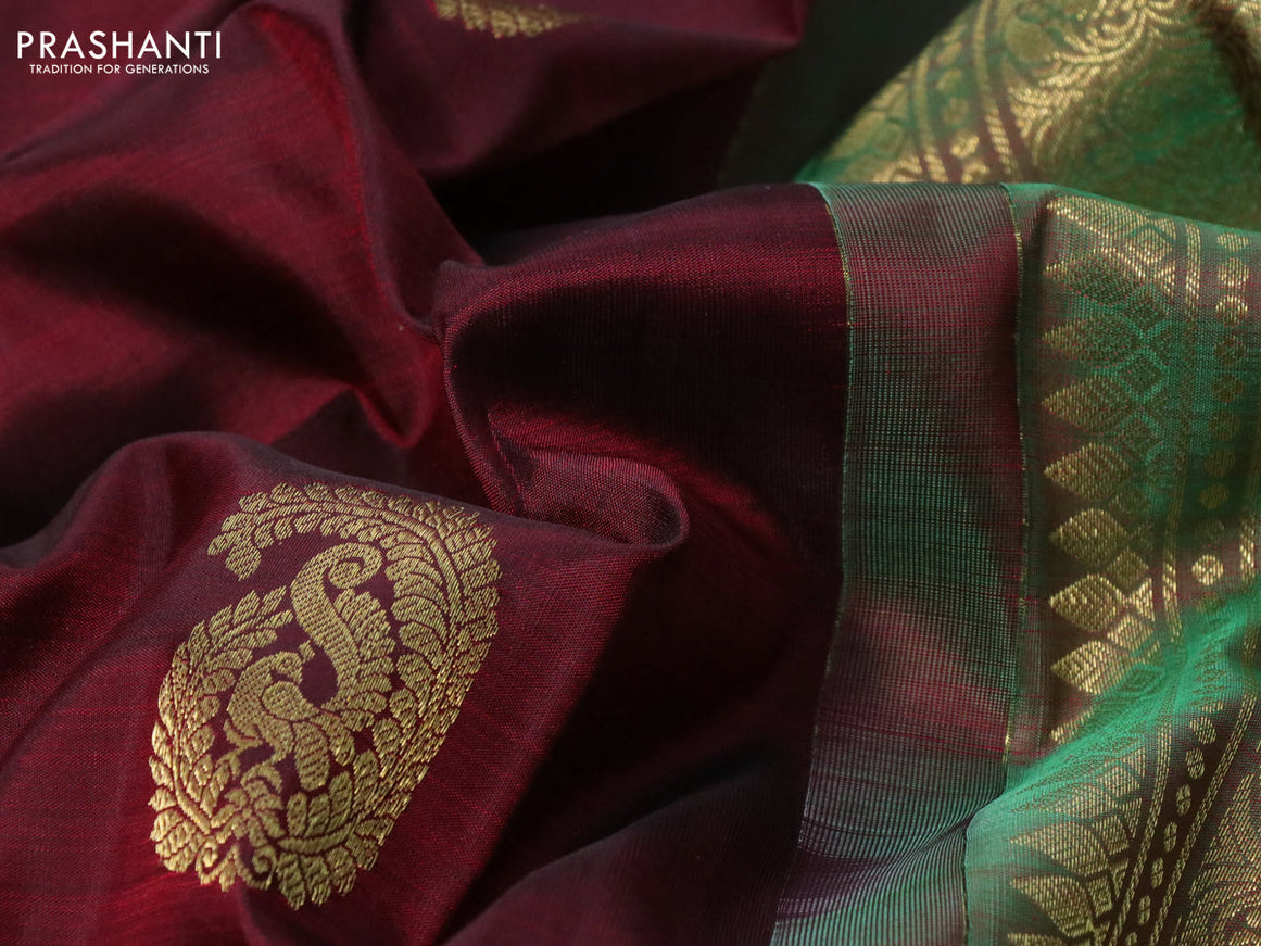 Pure kanchipuram silk saree deep maroon and dual shade of green with zari woven buttas and rich zari woven border