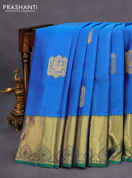 Pure kanchipuram silk saree blue and green with zari woven buttas and long zari woven border