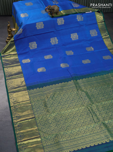 Pure kanchipuram silk saree blue and green with zari woven buttas and long zari woven border