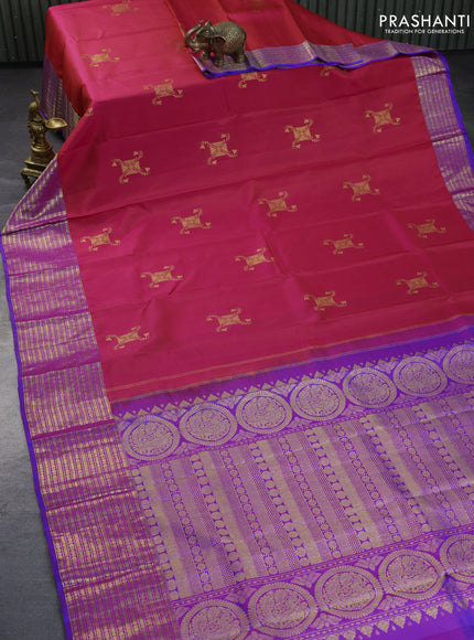 Pure kanchipuram silk saree dual shade of pinkish orange and dual shade of blue with zari woven buttas and rich zari woven border