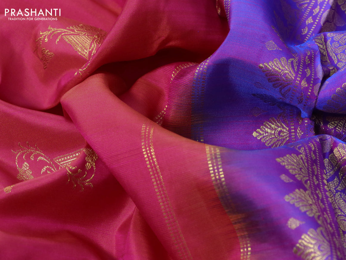 Pure kanchipuram silk saree dual shade of pinkish orange and dual shade of blue with zari woven buttas and rich zari woven border