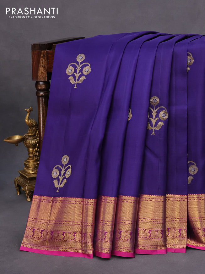 Pure kanchipuram silk saree blue and purple with zari woven buttas and rich zari woven border