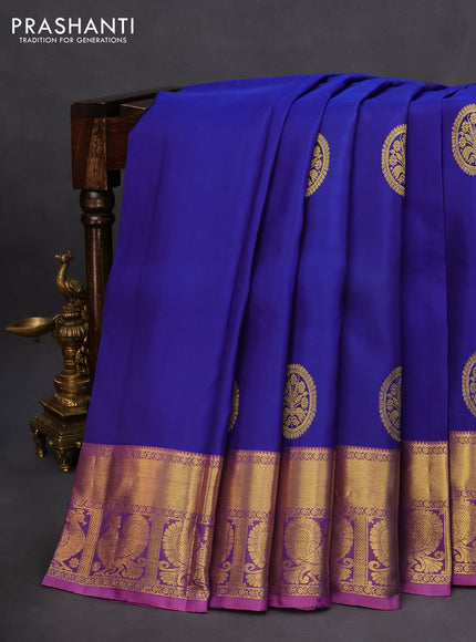 Pure kanchipuram silk saree blue and mauve pink with zari woven buttas and rich zari woven annam border