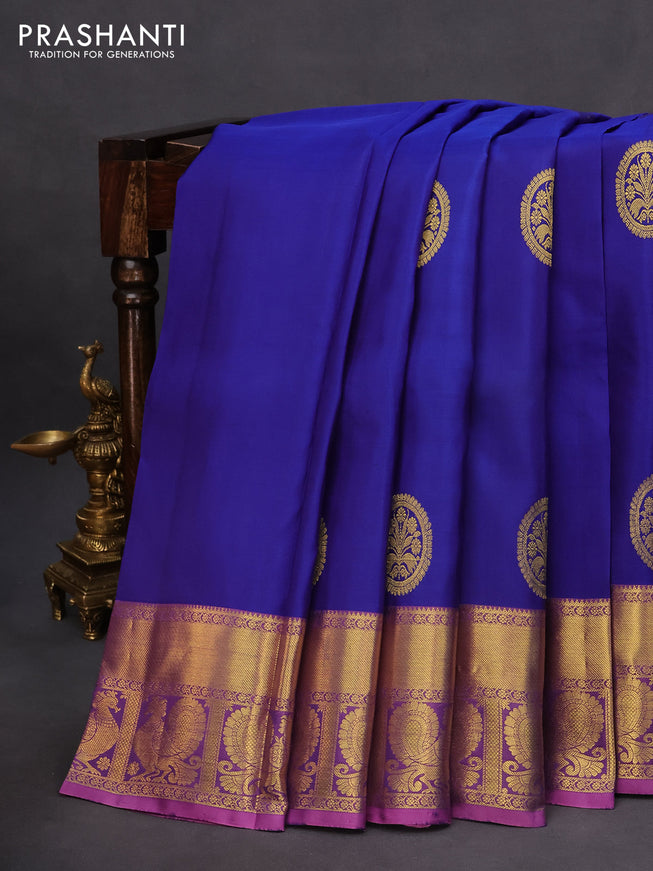 Pure kanchipuram silk saree blue and mauve pink with zari woven buttas and rich zari woven annam border