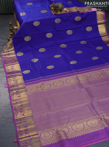 Pure kanchipuram silk saree blue and mauve pink with zari woven buttas and rich zari woven annam border