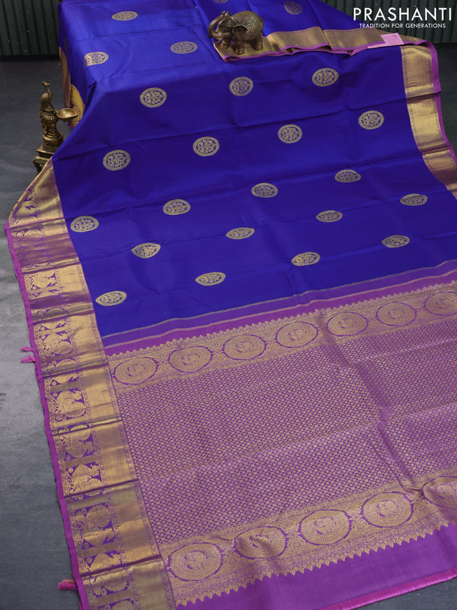 Pure kanchipuram silk saree blue and mauve pink with zari woven buttas and rich zari woven annam border