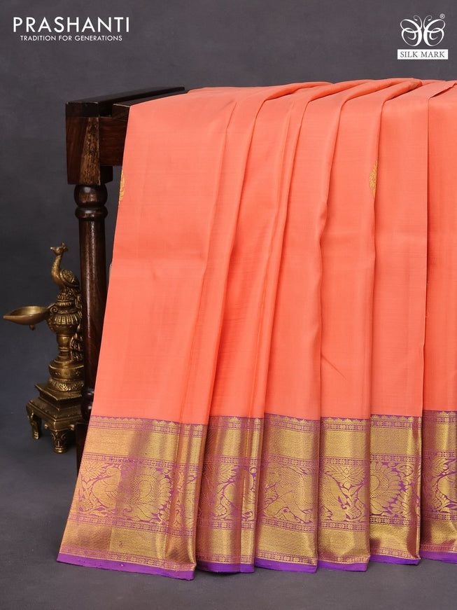 Pure kanchipuram silk saree peach orange and blue with zari woven buttas and rich zari woven annam border