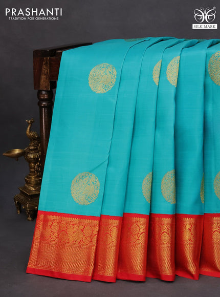 Pure kanchipuram silk saree light blue and red with annam zari woven buttas and rich zari woven korvai border