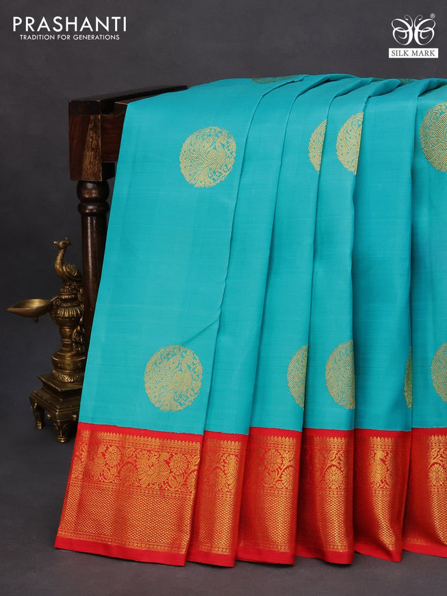 Pure kanchipuram silk saree light blue and red with annam zari woven buttas and rich zari woven korvai border