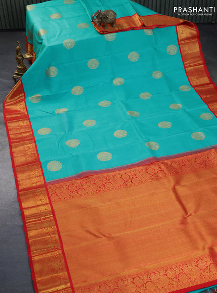 Pure kanchipuram silk saree light blue and red with annam zari woven buttas and rich zari woven korvai border