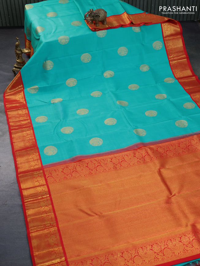 Pure kanchipuram silk saree light blue and red with annam zari woven buttas and rich zari woven korvai border