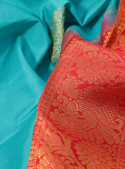 Pure kanchipuram silk saree light blue and red with annam zari woven buttas and rich zari woven korvai border