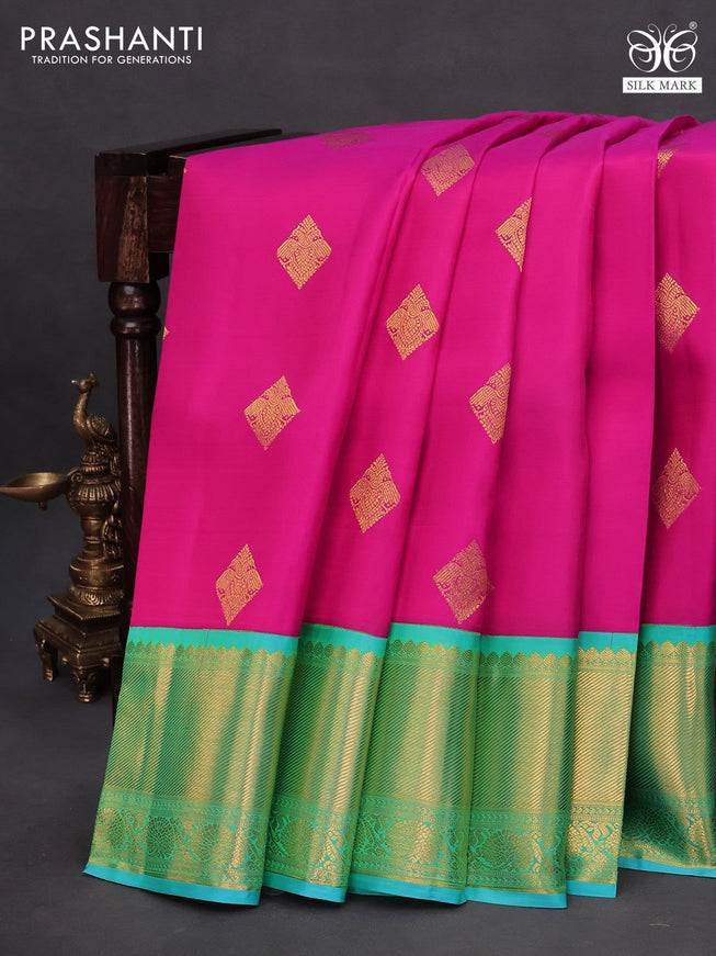 Pure kanchipuram silk saree pink and dual shade of teal bluish green with zari woven buttas and rich zari woven border