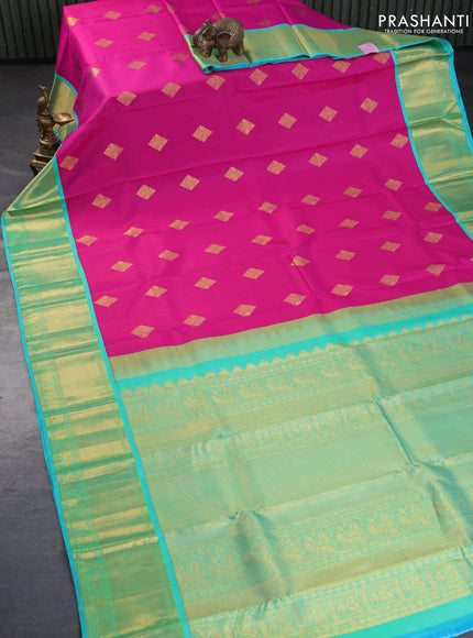 Pure kanchipuram silk saree pink and dual shade of teal bluish green with zari woven buttas and rich zari woven border