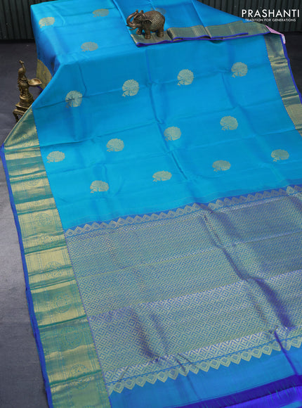 Pure kanchipuram silk saree dual shade of teal blue and dual shade of blue with zari woven buttas and zari woven border