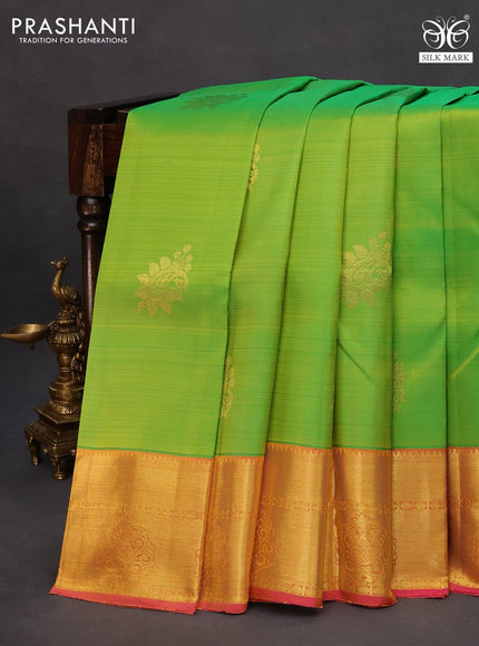 Pure kanchipuram silk saree light green and pink with zari woven buttas and rich zari woven border