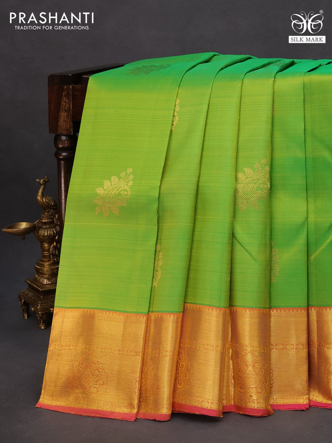 Pure kanchipuram silk saree light green and pink with zari woven buttas and rich zari woven border