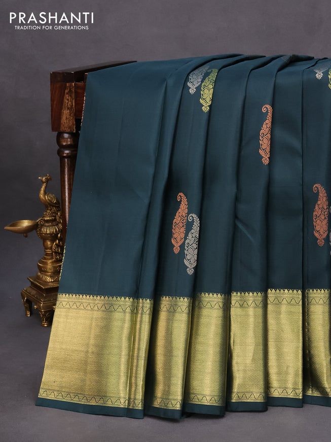 Pure kanchipuram silk saree dark peacock green with zari woven buttas and rich zari woven border