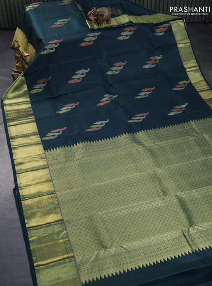 Pure kanchipuram silk saree dark peacock green with zari woven buttas and rich zari woven border