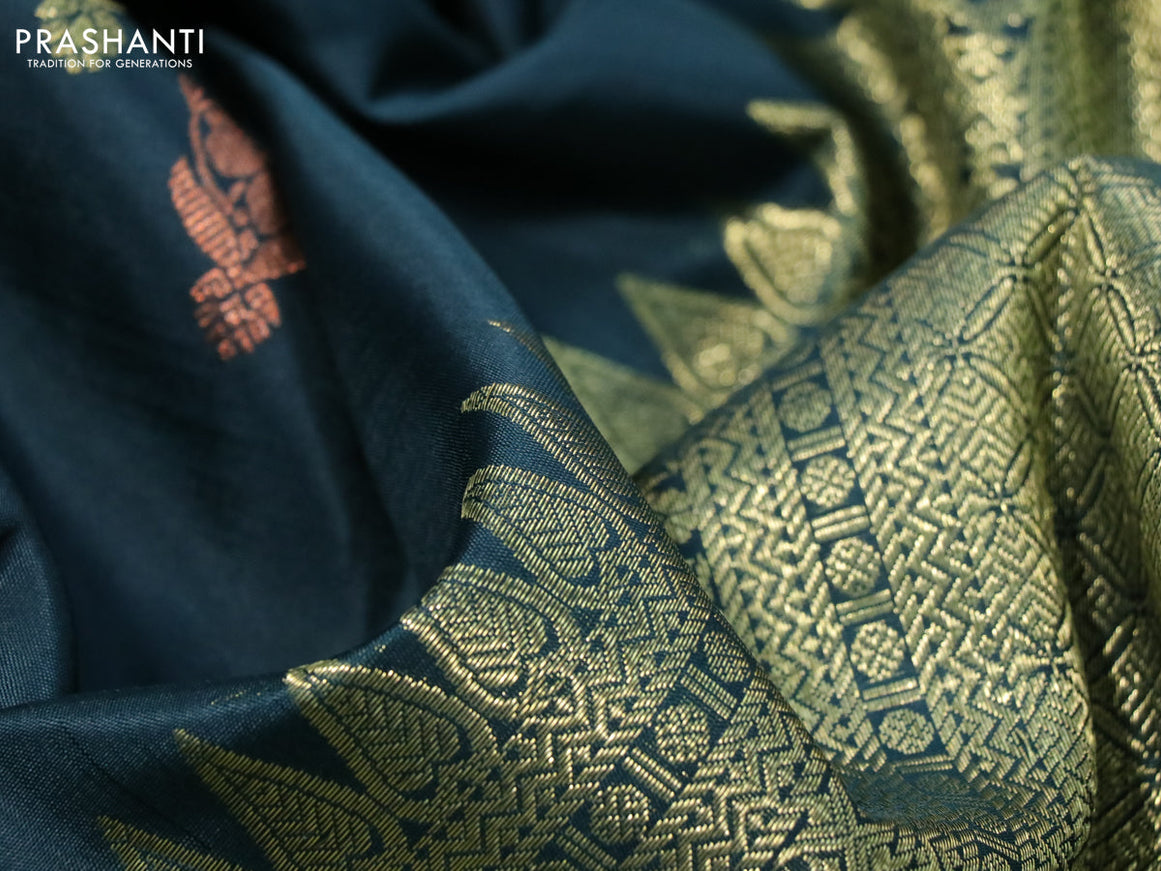 Pure kanchipuram silk saree dark peacock green with zari woven buttas and rich zari woven border