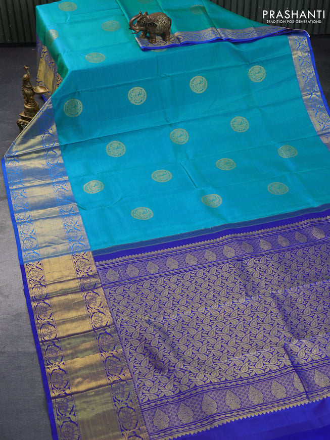 Pure kanchipuram silk saree dual shade of teal bluish green and blue with zari woven buttas and long rich zari woven border