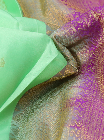 Pure kanchipuram silk saree pista green and purple with zari woven buttas and long rich zari woven border