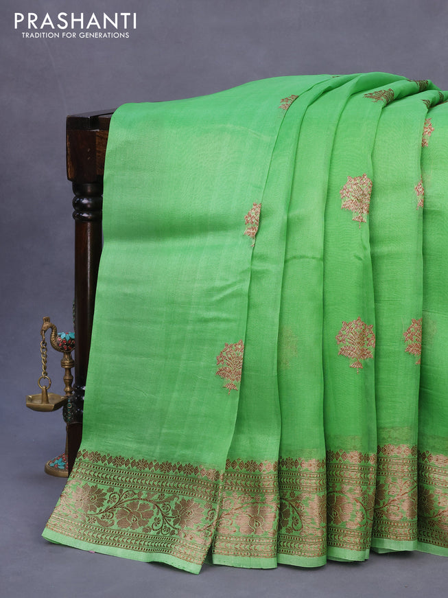 Banarasi organza silk saree light green with thread & zari woven buttas and banarasi style border