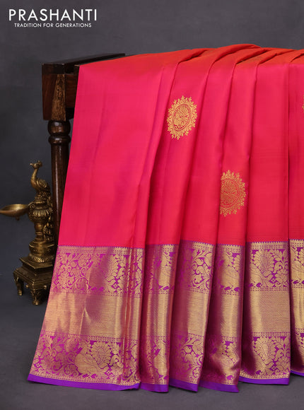 Pure kanchipuram silk saree dual shade of pink and dual shade of purple with zari woven buttas and annam zari woven border