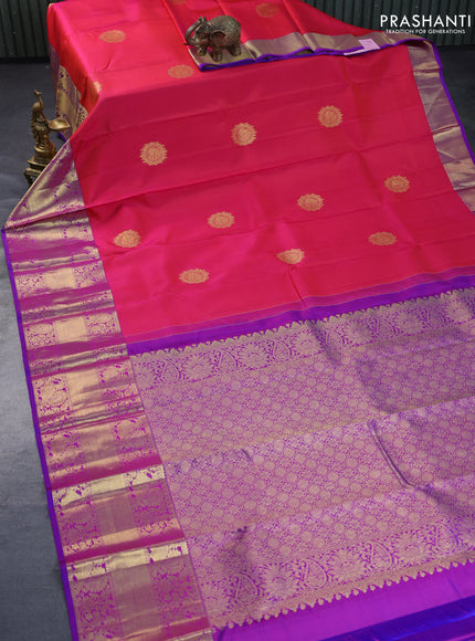 Pure kanchipuram silk saree dual shade of pink and dual shade of purple with zari woven buttas and annam zari woven border