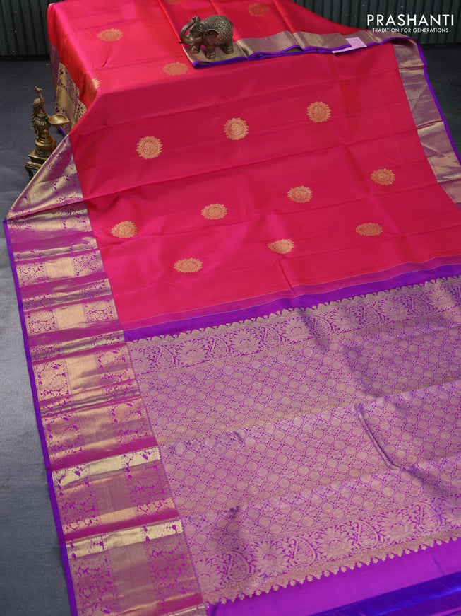 Pure kanchipuram silk saree dual shade of pink and dual shade of purple with zari woven buttas and annam zari woven border