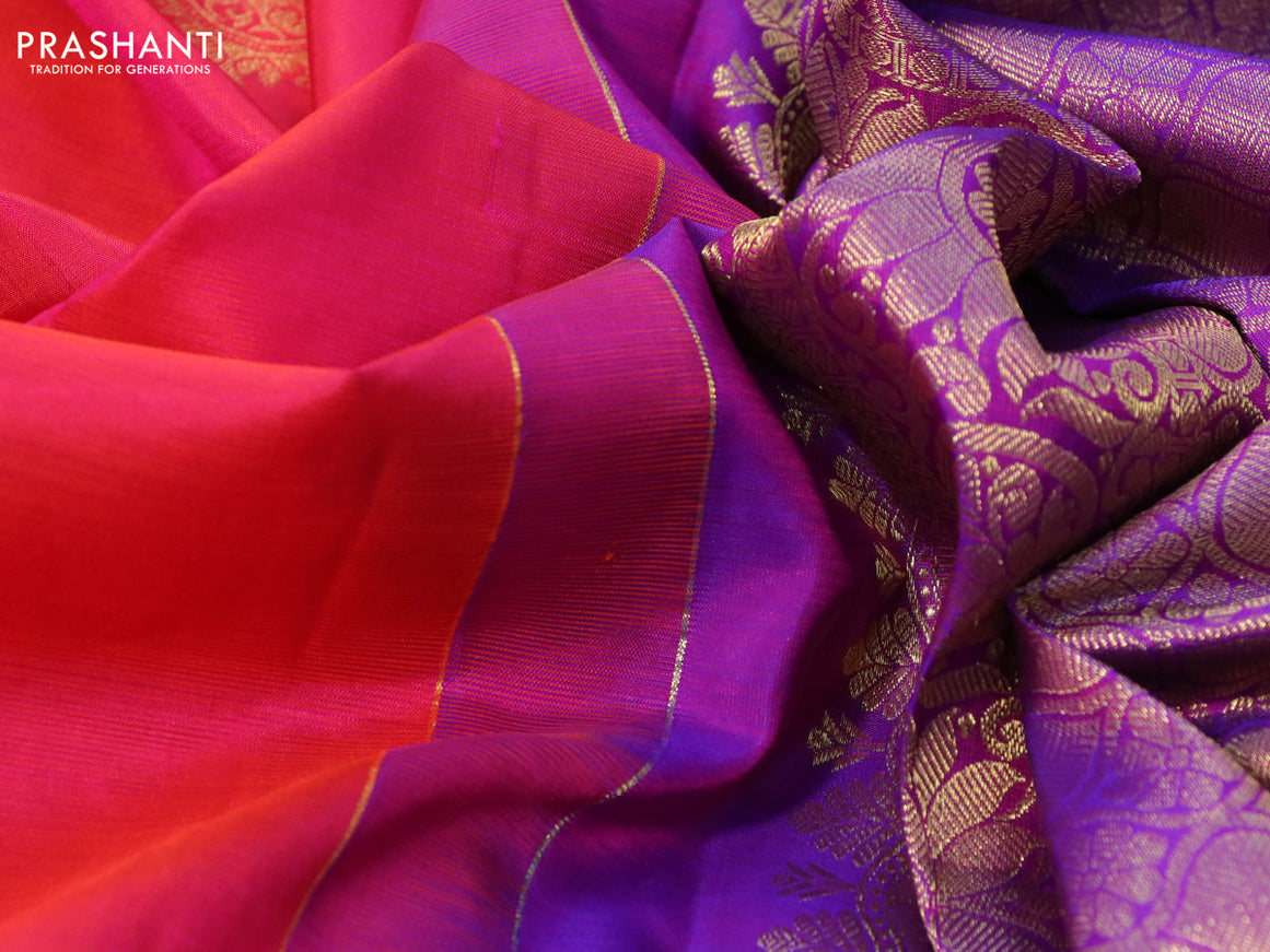 Pure kanchipuram silk saree dual shade of pink and dual shade of purple with zari woven buttas and annam zari woven border