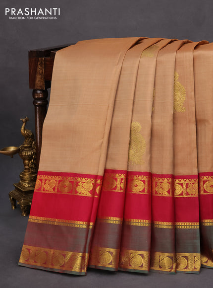 Pure kanchipuram silk saree dark sandal and maroon green with annam zari woven buttas and rettapet zari woven border