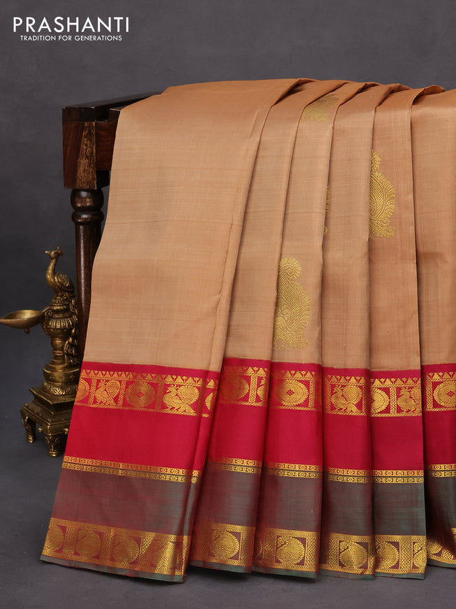 Pure kanchipuram silk saree dark sandal and maroon green with annam zari woven buttas and rettapet zari woven border