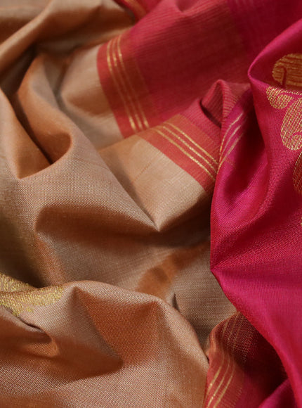 Pure kanchipuram silk saree dark sandal and maroon green with annam zari woven buttas and rettapet zari woven border