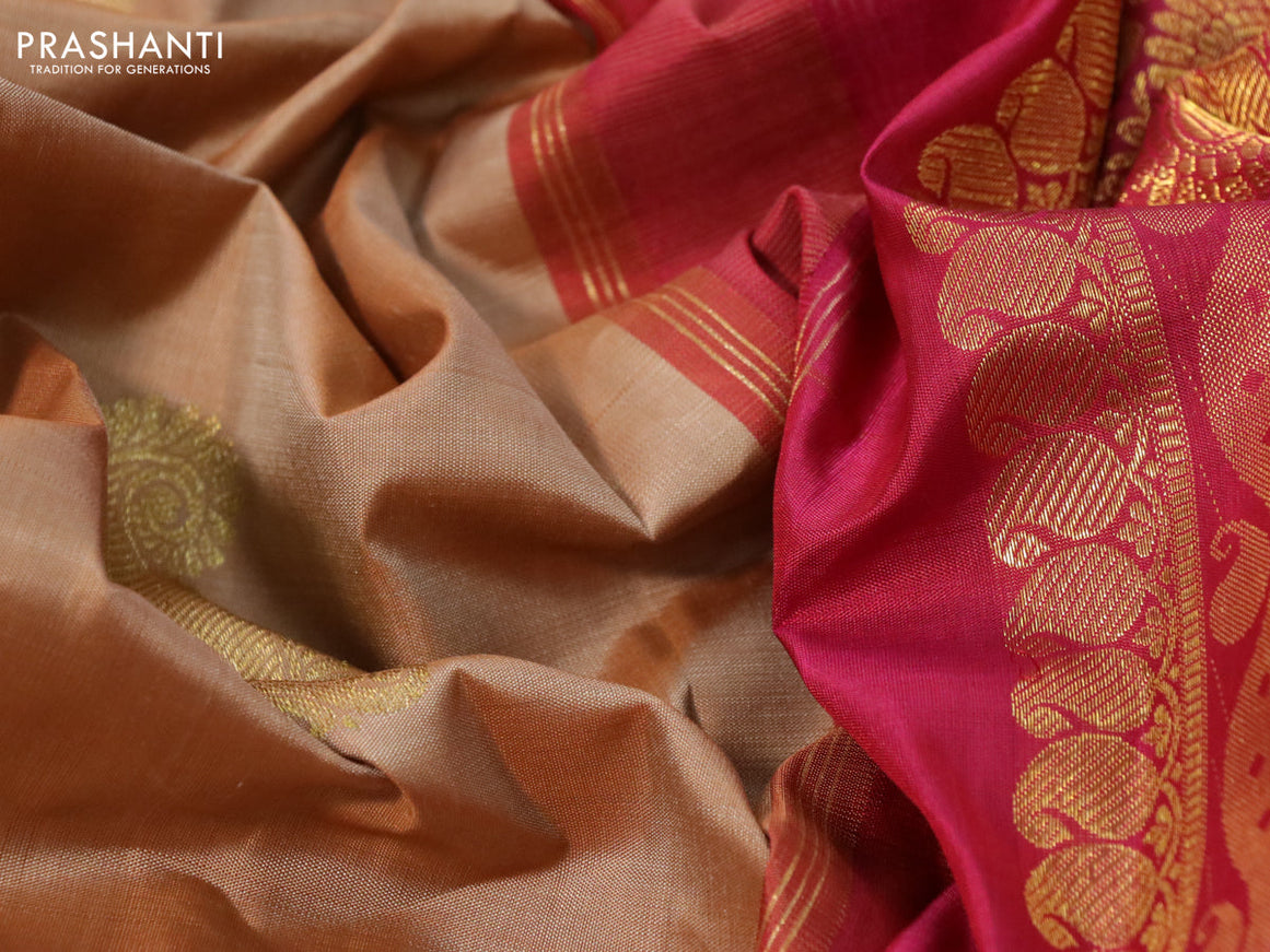 Pure kanchipuram silk saree dark sandal and maroon green with annam zari woven buttas and rettapet zari woven border