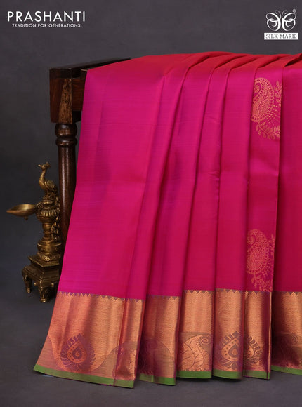 Pure kanchipuram silk saree pink and light green with copper zari woven buttas and copper zari woven border