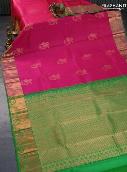 Pure kanchipuram silk saree pink and light green with copper zari woven buttas and copper zari woven border