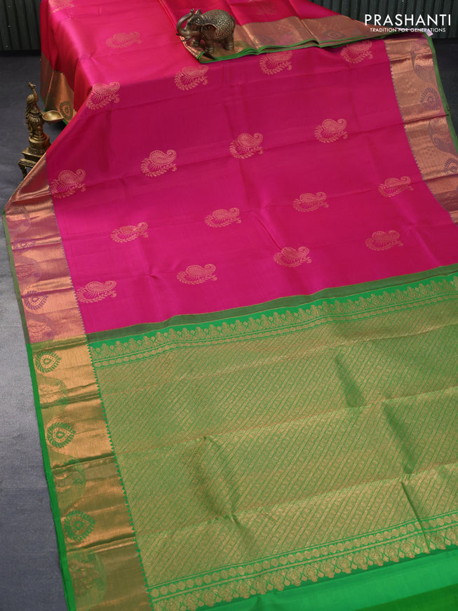 Pure kanchipuram silk saree pink and light green with copper zari woven buttas and copper zari woven border