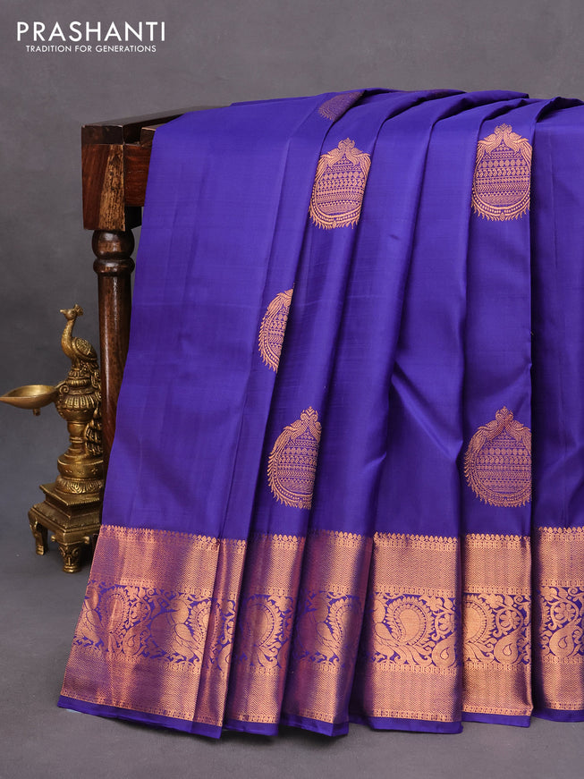 Pure kanchipuram silk saree blue with copper zari woven buttas and copper zari woven annam border