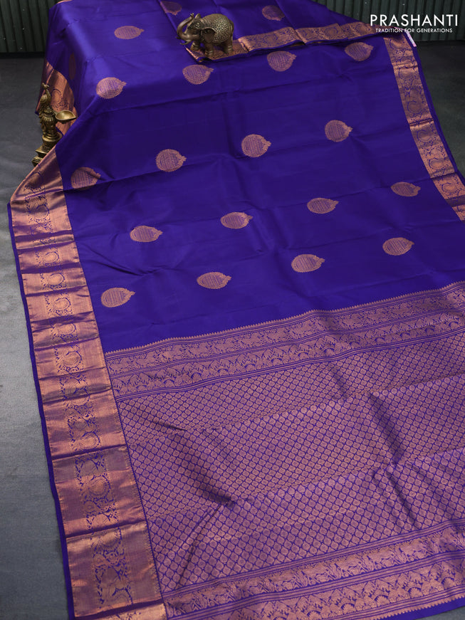 Pure kanchipuram silk saree blue with copper zari woven buttas and copper zari woven annam border