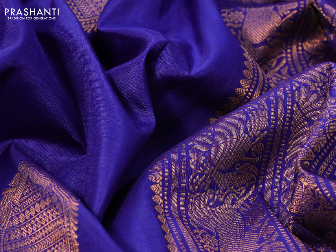 Pure kanchipuram silk saree blue with copper zari woven buttas and copper zari woven annam border