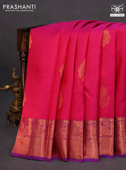 Pure kanchipuram silk saree pink and dual shade of blue with copper zari woven buttas and copper zari woven annam border