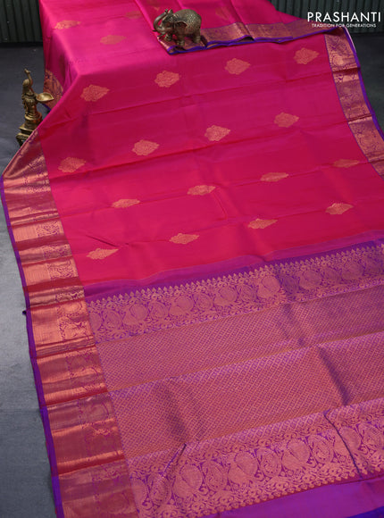 Pure kanchipuram silk saree pink and dual shade of blue with copper zari woven buttas and copper zari woven annam border