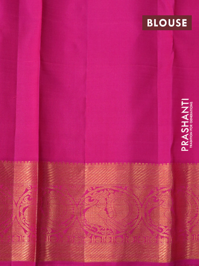 Pure kanchipuram silk saree dual shade of teal blue and pink with copper zari woven buttas and copper zari woven annam border