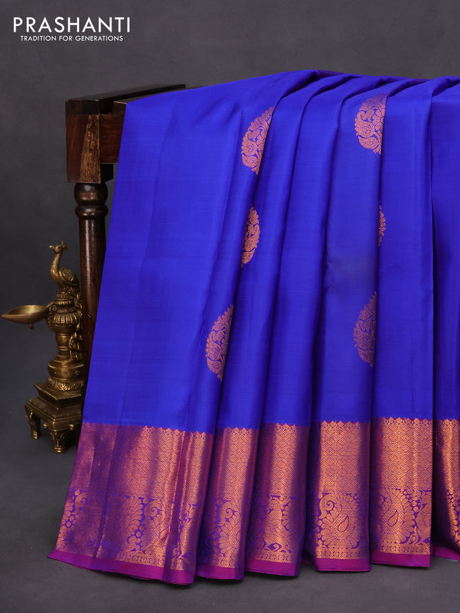 Pure kanchipuram silk saree royal blue and dual shade of purple with copper zari woven buttas and copper zari woven annam border