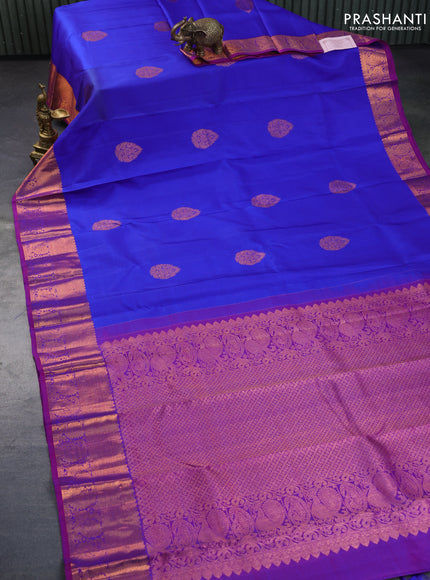 Pure kanchipuram silk saree royal blue and dual shade of purple with copper zari woven buttas and copper zari woven annam border