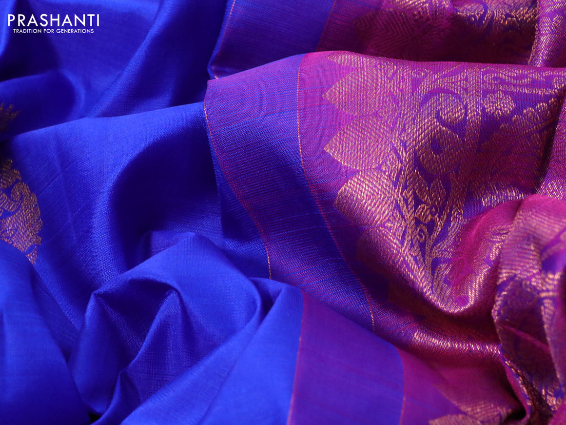 Pure kanchipuram silk saree royal blue and dual shade of purple with copper zari woven buttas and copper zari woven annam border