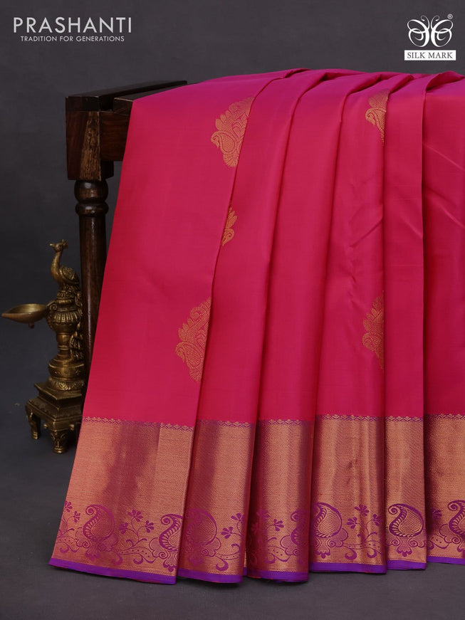 Pure kanchipuram silk saree pink and dual shade of purple with copper zari woven buttas and copper zari woven border