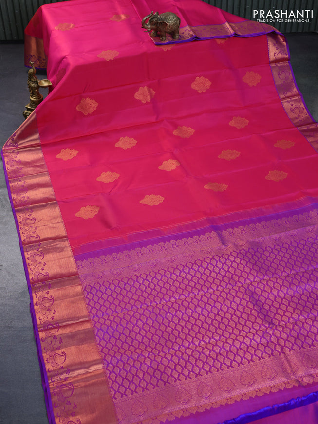 Pure kanchipuram silk saree pink and dual shade of purple with copper zari woven buttas and copper zari woven border