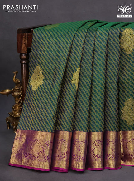 Pure kanchipuram silk saree green and pink with allover thread weaves & zari buttas and zari woven annam border